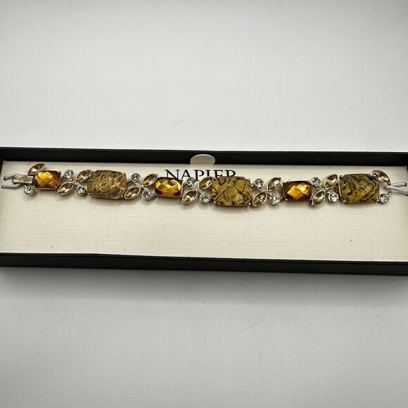 STILL IN THE BOX! 7" Napier Gold tone metal and Lucite, Rhinestones Bracelet! - Picture 8 of 12